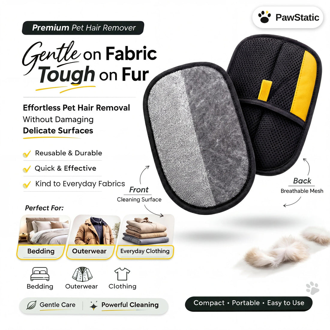 Pet hair remover mitt shown working on clothing, bedding and outerwear