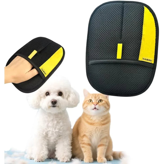 PawStatic electrostatic pet hair removal mitt in use, lifting fur near a dog and cat