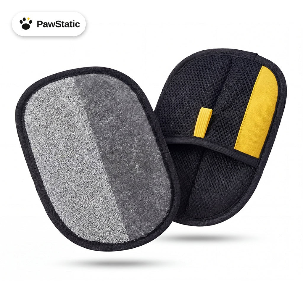 PawStatic electrostatic pet hair remover mitt: grey cleaning side and black mesh back with yellow tab